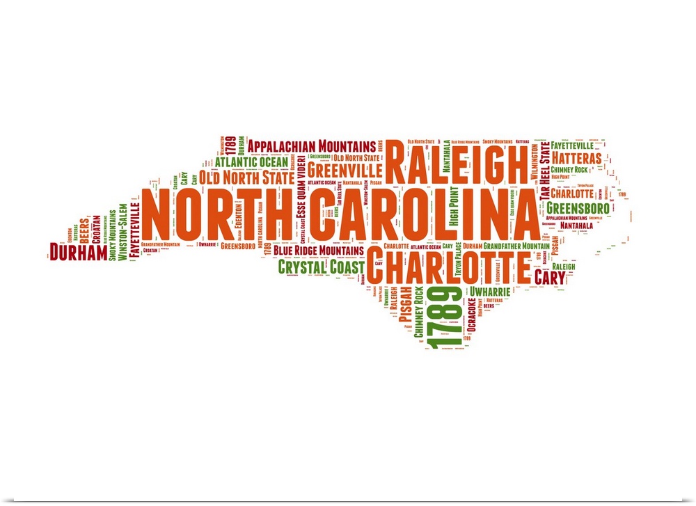 Typography art map of the US state North Carolina.