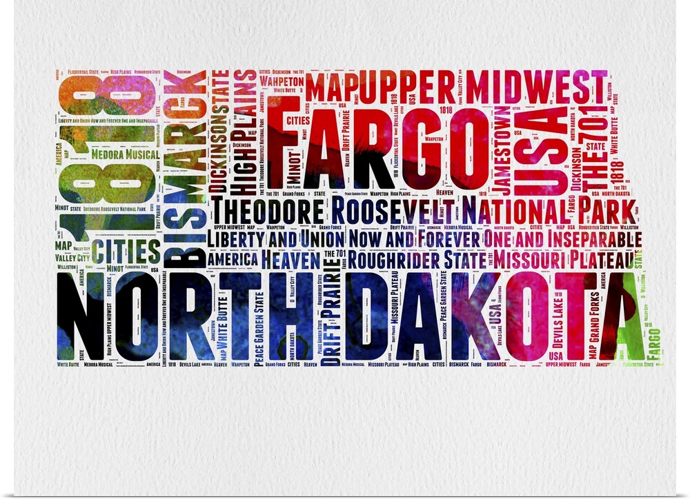 Watercolor typography art map of the US state North Dakota.