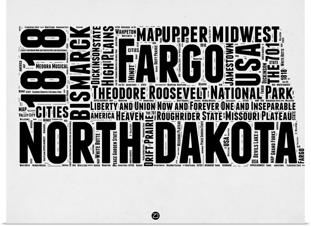 Black and white art map of the US state  North Dakota.