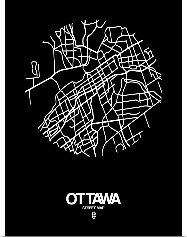 Minimalist art map of the city streets of Ottawa in black and white.