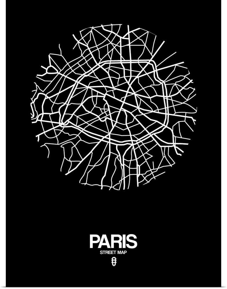 Minimalist art map of the city streets of Paris in black and white.