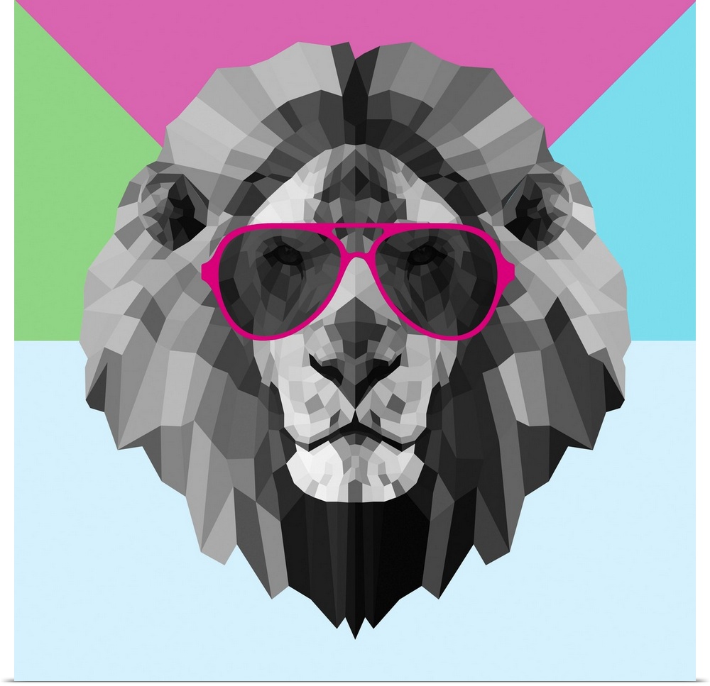 Lion head wearing sunglasses made up of a polygon mesh.