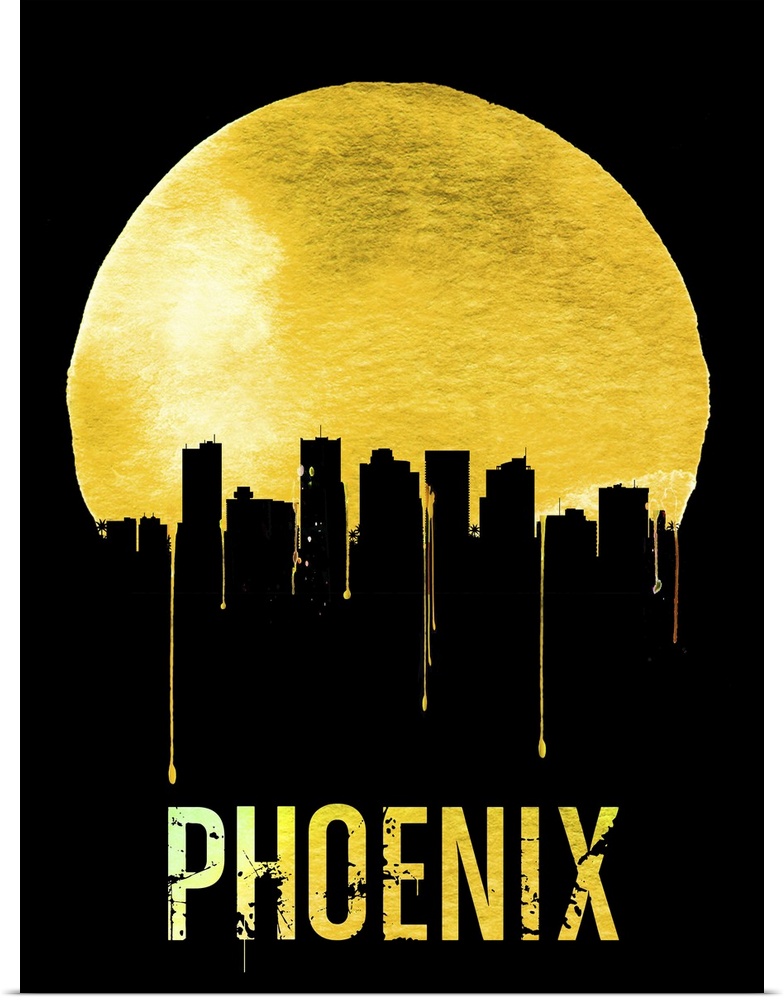 Contemporary watercolor artwork of the Phoenix city skyline, in silhouette.