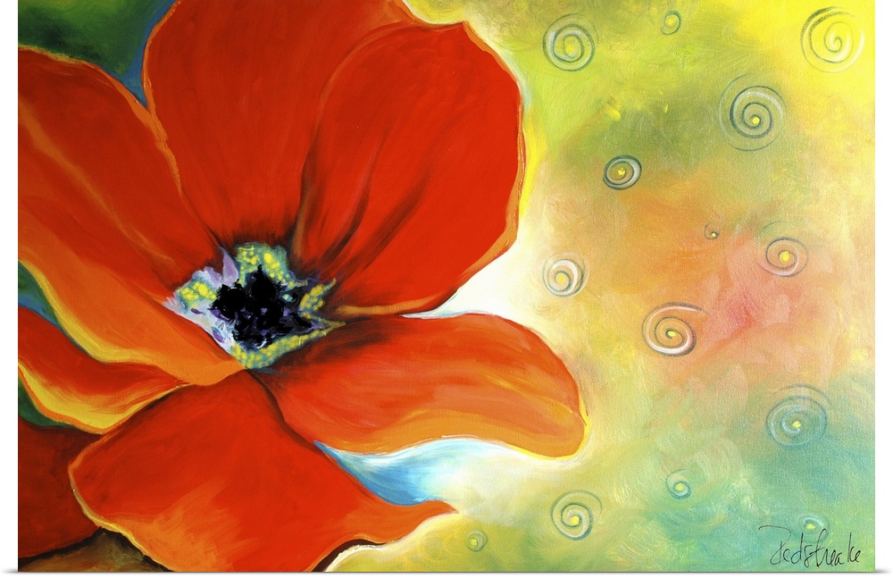 Contemporary painting of a red poppy against an abstract background.