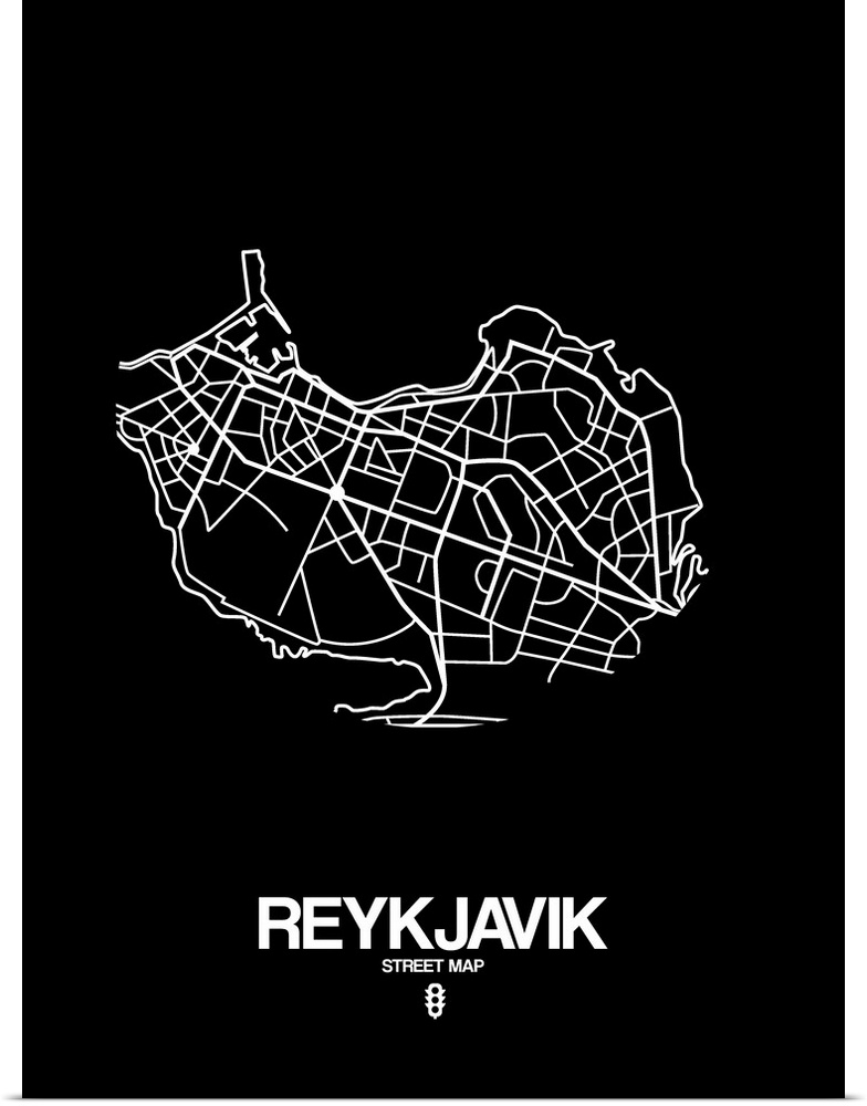 Minimalist art map of the city streets of Reykjavik in black and white.