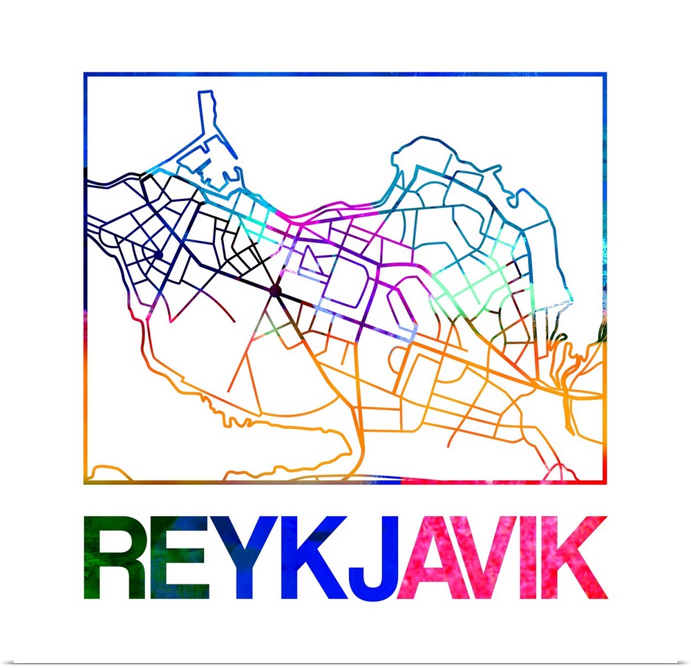 Colorful map of the streets of Reykjavik, Iceland.