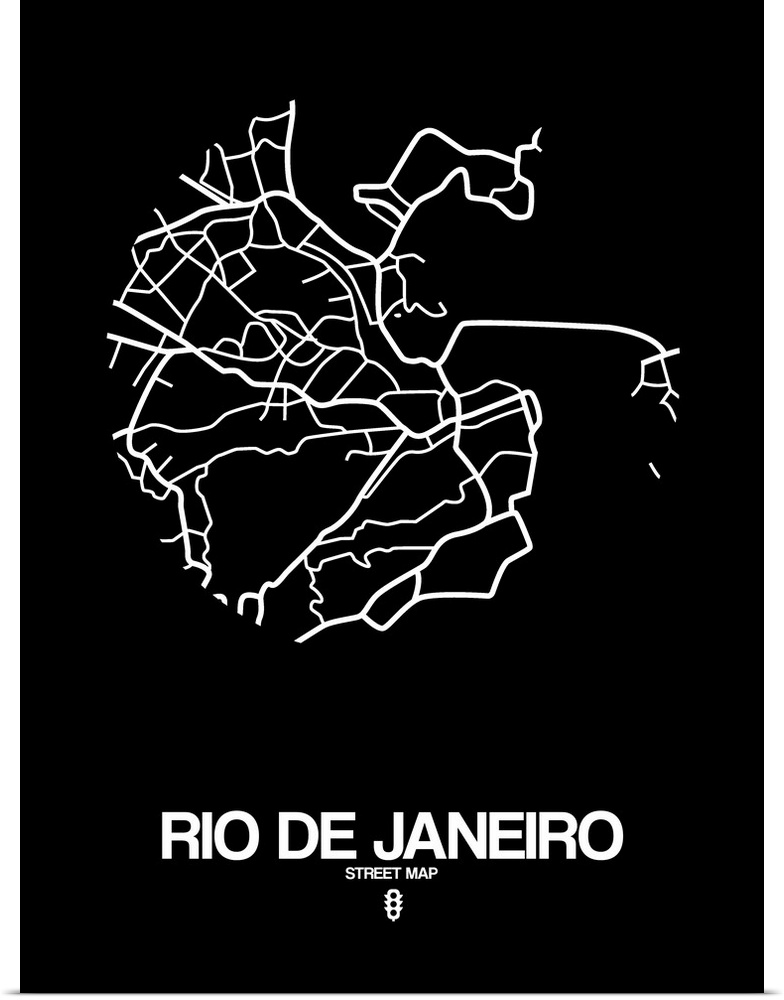 Minimalist art map of the city streets of Rio De Janeiro in black and white.