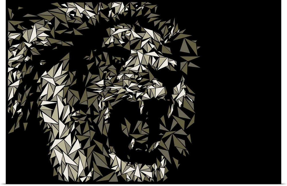 A lion with bared teeth made up of triangular geometric shapes.