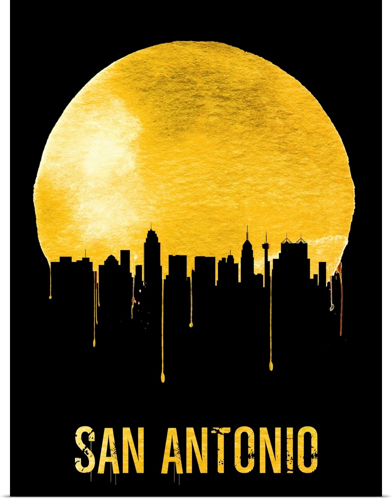 Contemporary watercolor artwork of the San Antonio city skyline, in silhouette.