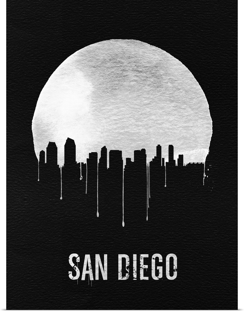 Contemporary watercolor artwork of the San Diego city skyline, in silhouette.