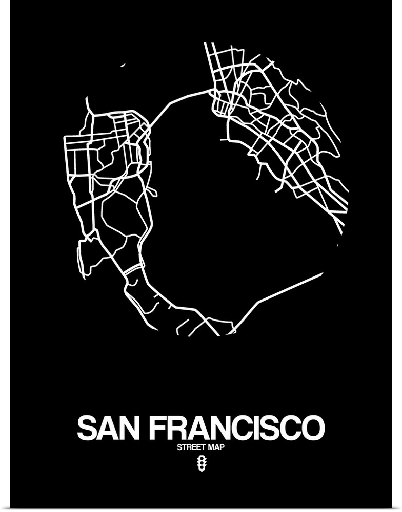 Minimalist art map of the city streets of San Francisco in black and white.