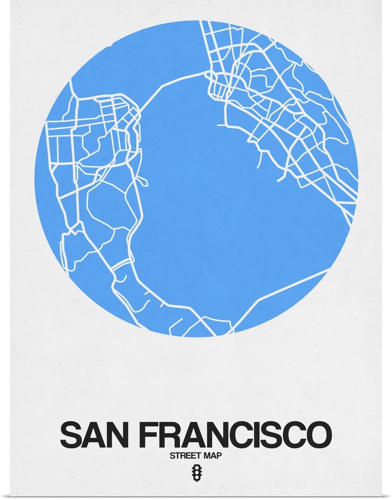 Minimalist art map of the city streets of San Francisco in white and blue.