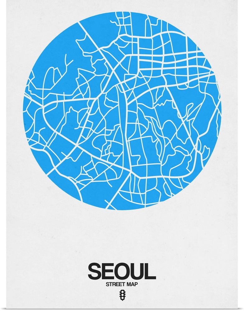 Minimalist art map of the city streets of Seoul in white and blue.