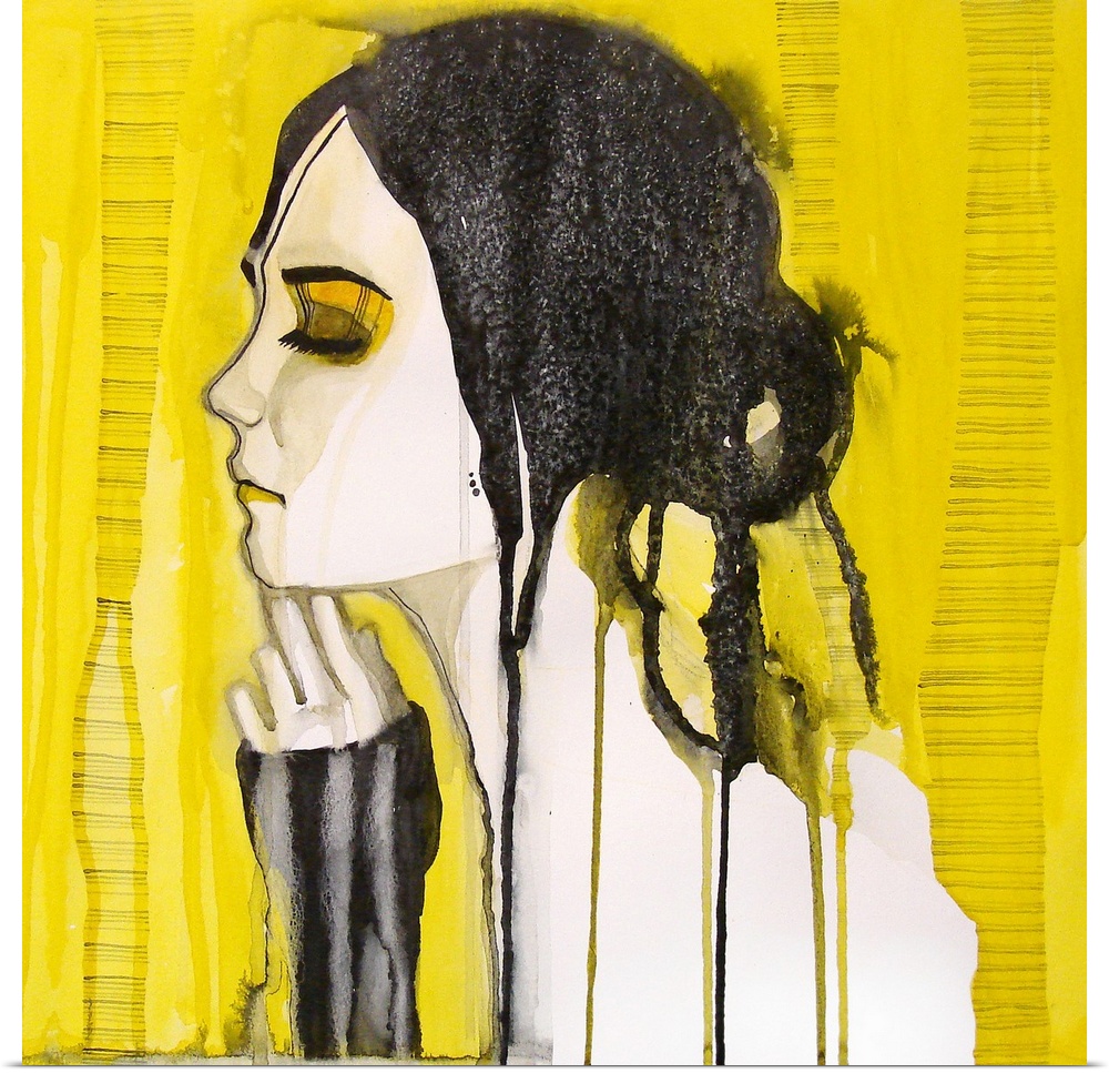 Contemporary watercolor portrait of a woman in profile with dark hair put up in a bun, against a yellow background.