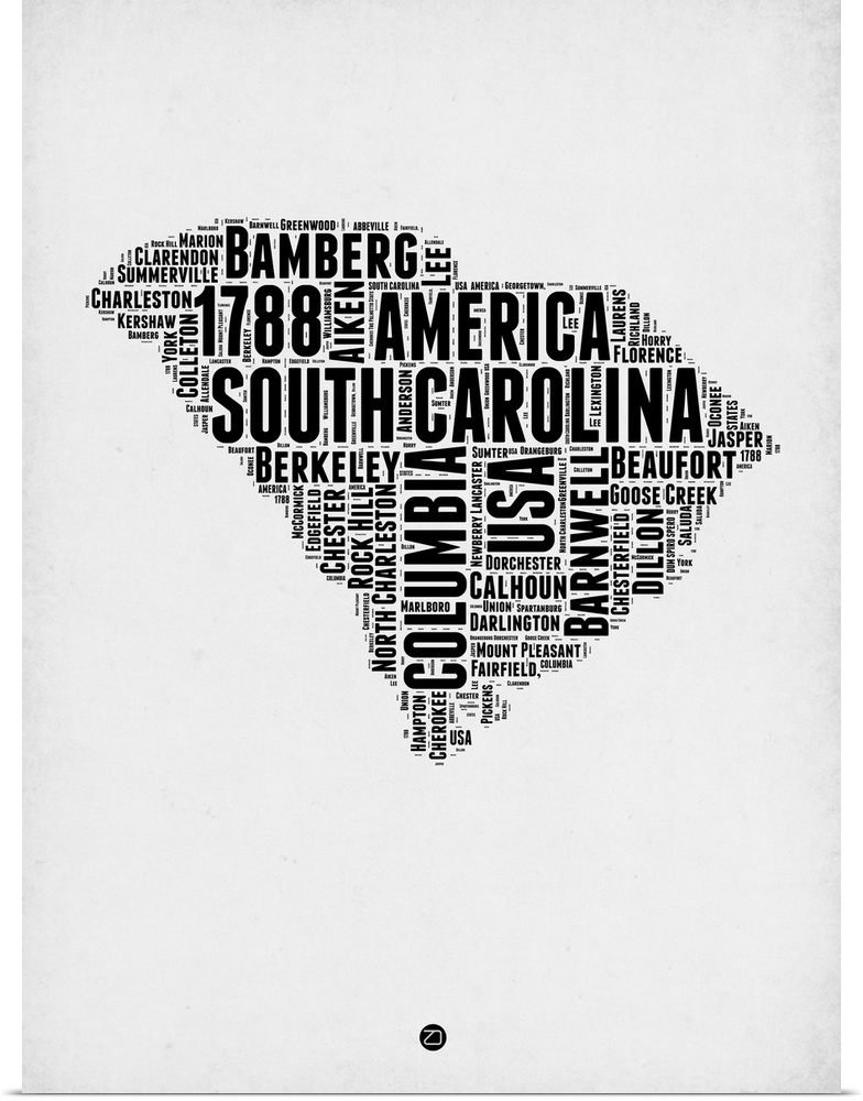 Black and white art map of the US state South Carolina.
