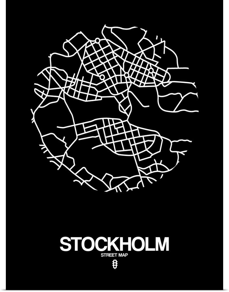 Minimalist art map of the city streets of Stockholm in black and white.