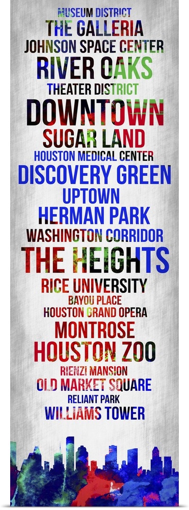 Contemporary watercolor bus roll art incorporating the Houston city skyline.