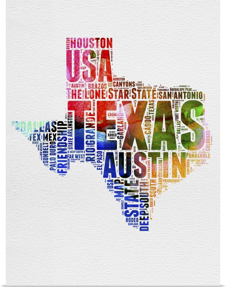 Watercolor typography art map of the US state Texas.