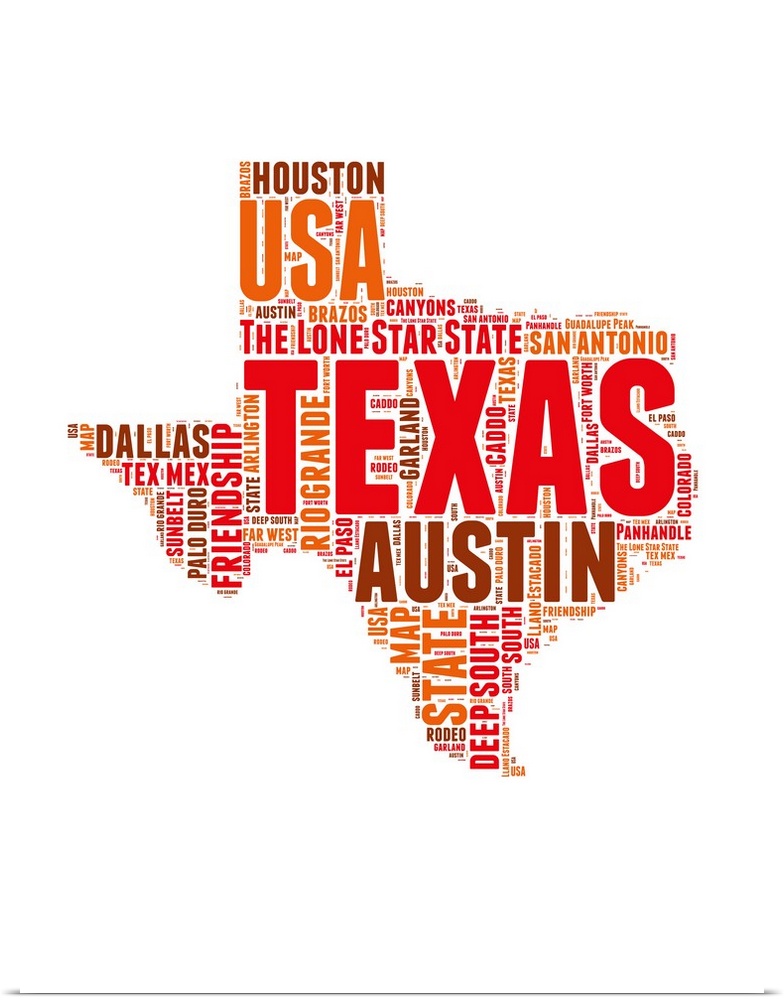 Typography art map of the US state Texas.