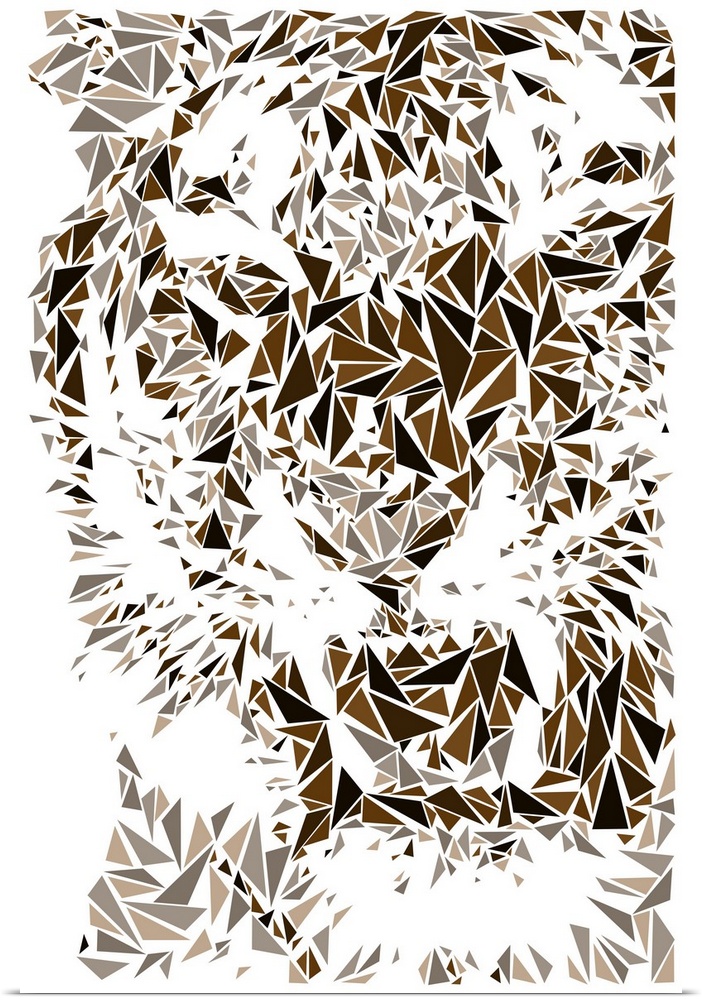 A snarling tiger made up of triangular geometric shapes.