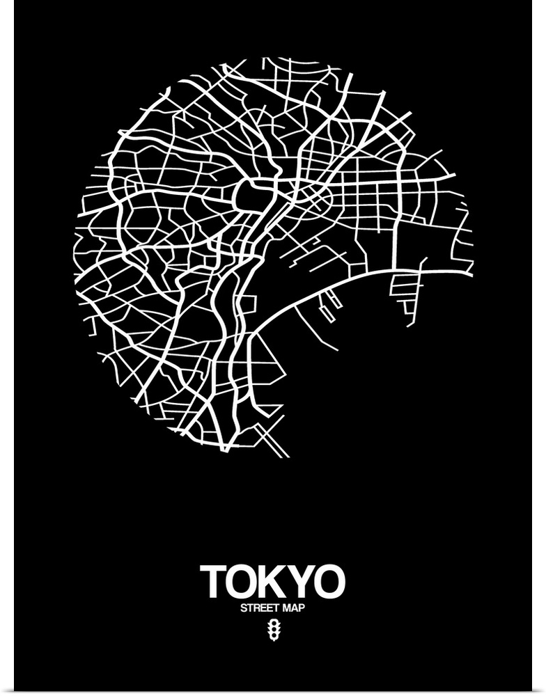 Minimalist art map of the city streets of Tokyo in black and white.
