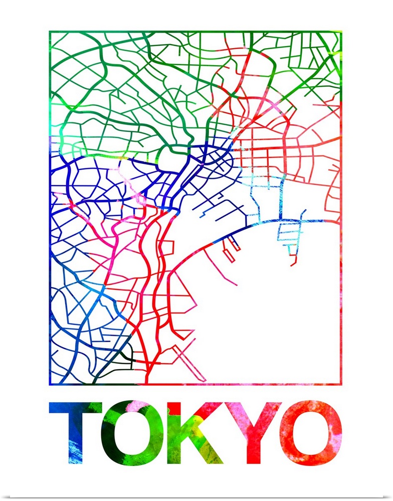 Colorful map of the streets of Tokyo, Japan.