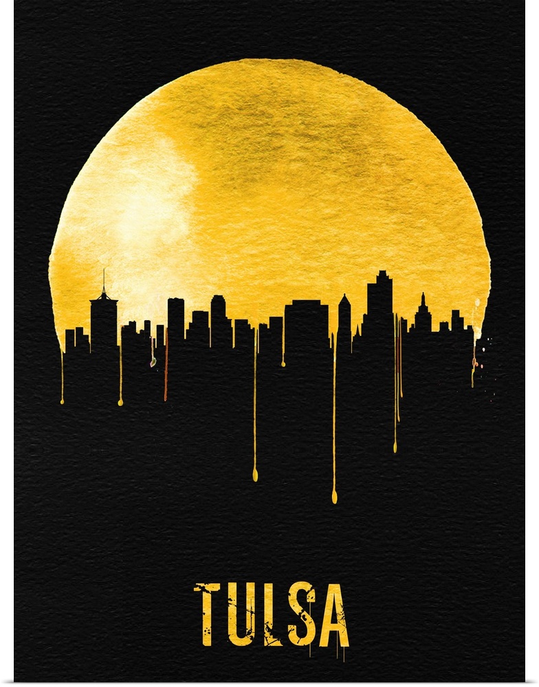 Contemporary watercolor artwork of the Tulsa city skyline, in silhouette.