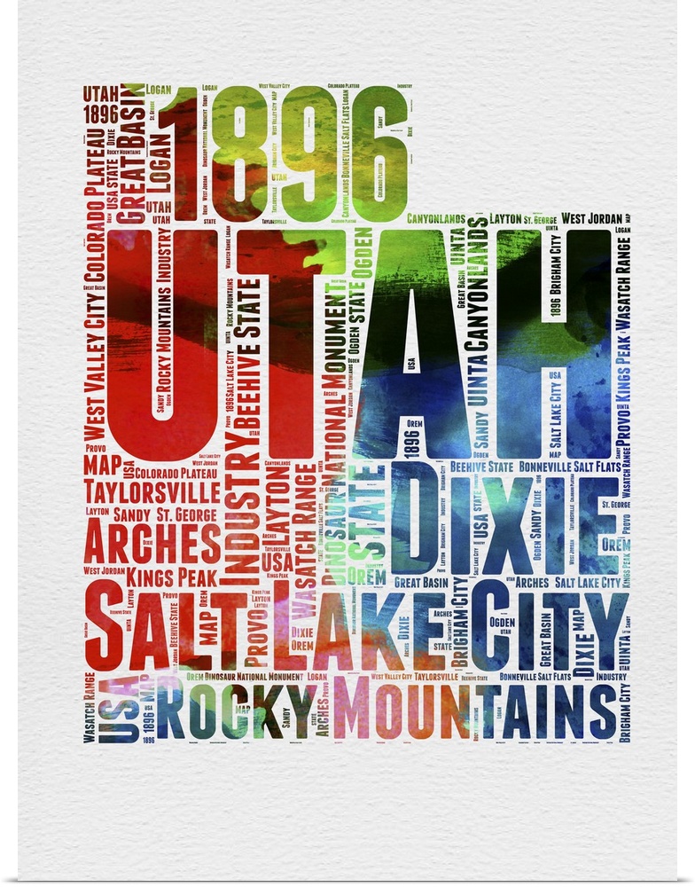 Watercolor typography art map of the US state Utah.