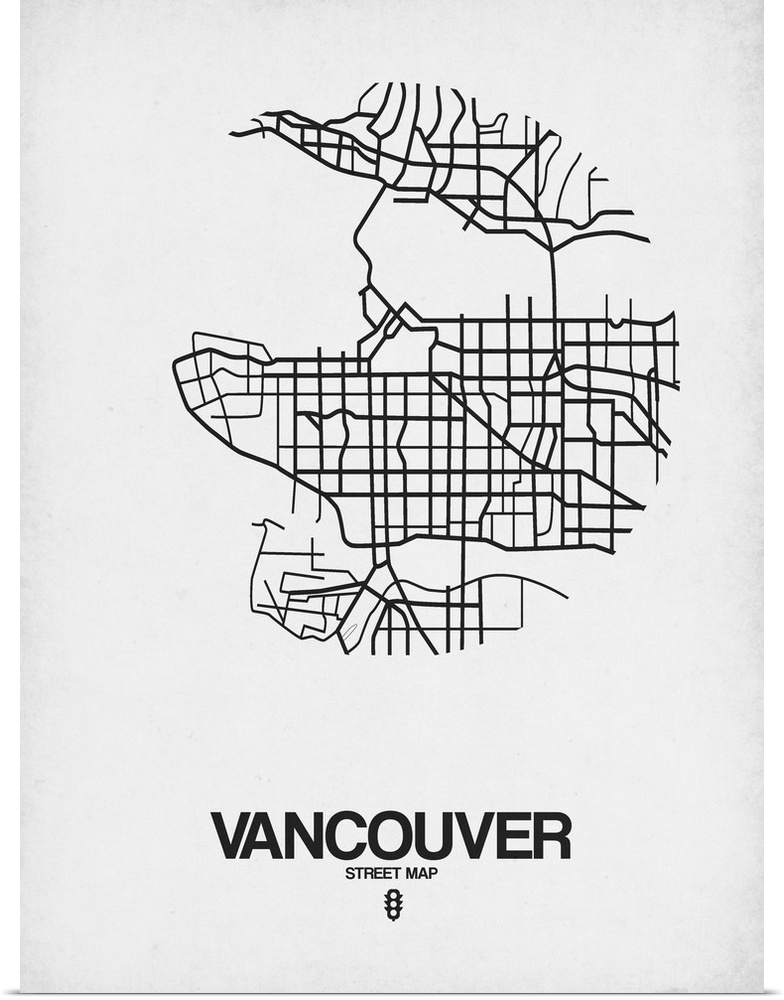 Minimalist art map of the city streets of Vancouver in white and black.