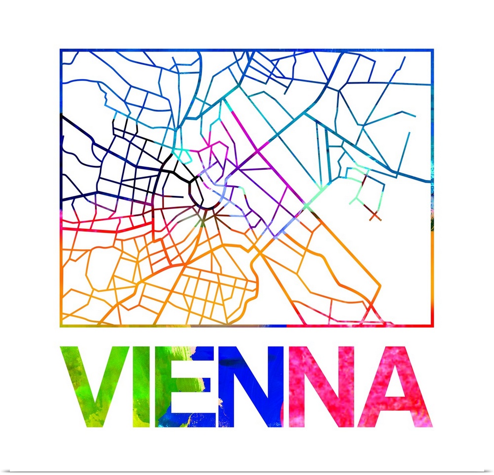 Colorful map of the streets of Vienna, Austria.