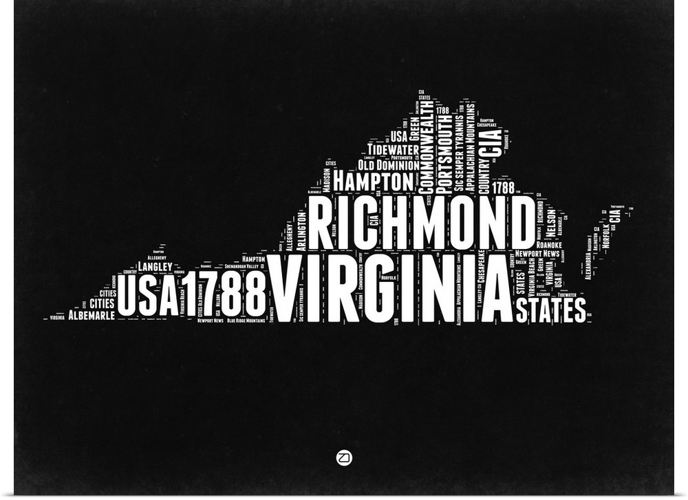 Typography art map of the US state Virginia.
