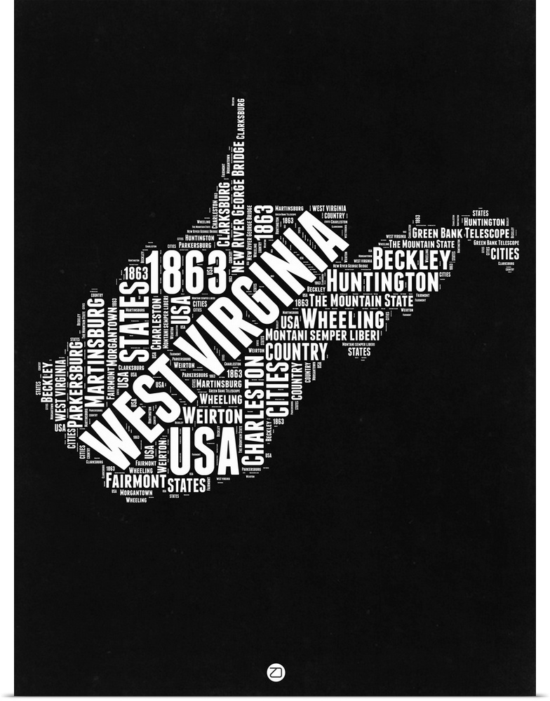 Typography art map of the US state West Virginia.