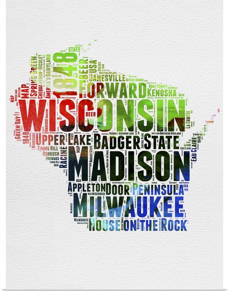 Watercolor typography art map of the US state Wisconsin.