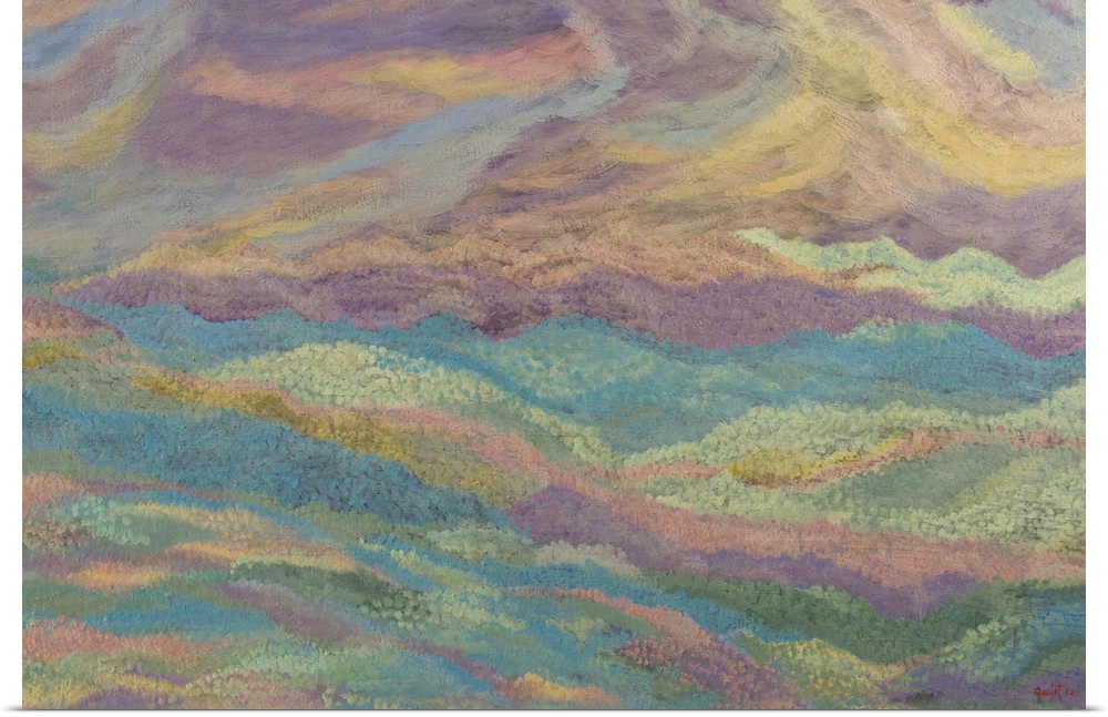 Quiet Guitron selects a palette of pastel tones to paint this enchanting abstract landscape. Dawn clouds in glowing rose a...