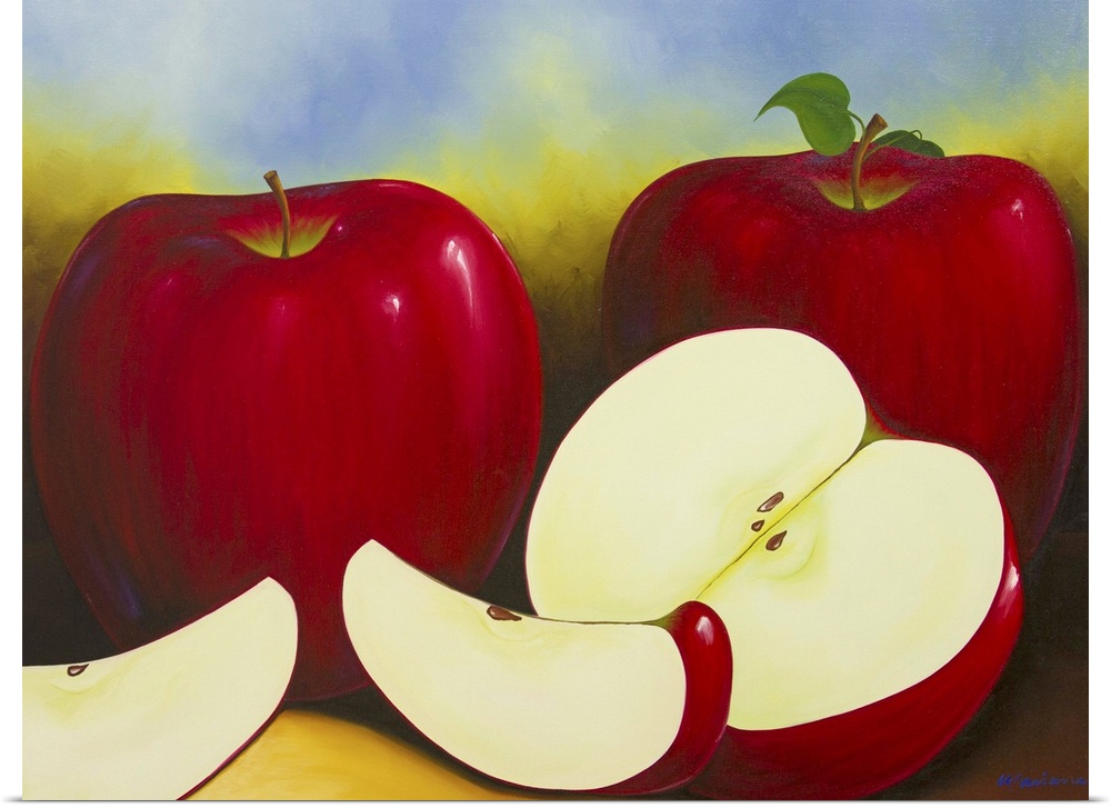 Luscious red apples sit before a background of dappled blue. Realistically depicted, freshly cut wedges tempt the viewer w...