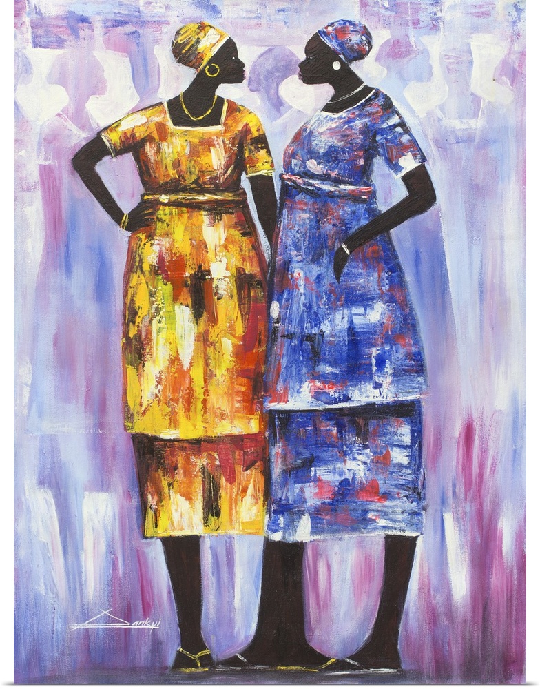 Colorfully dressed in modern attire, two fashionable women enjoy a spirited chat. Bright Dankyi Mensah celebrates the bond...