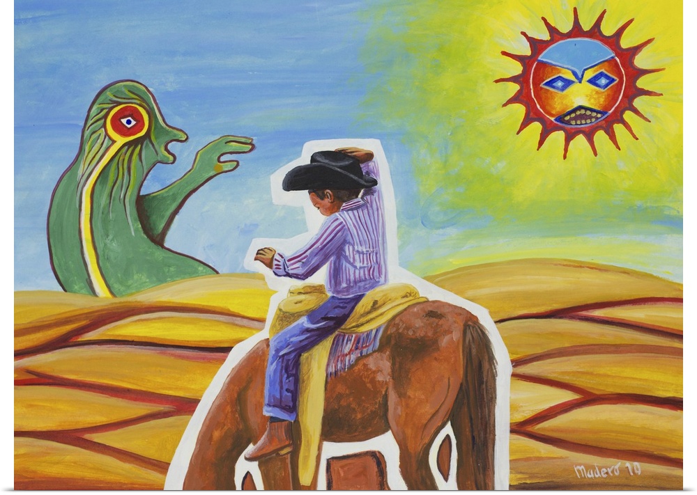Madero depicts a magical world where a Huichol child's imagination runs free. Wearing a cowboy hat, he imagines himself br...
