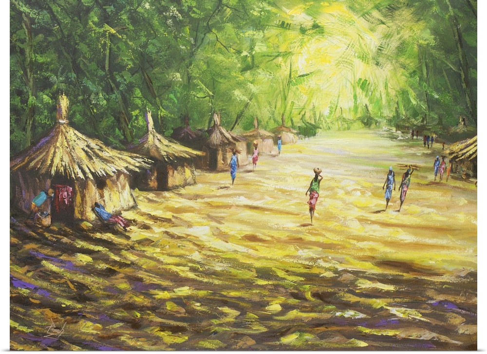 Calm reigns in this village as neighbors go about their daily chores in this composition by Francis Amoah. Painting with a...