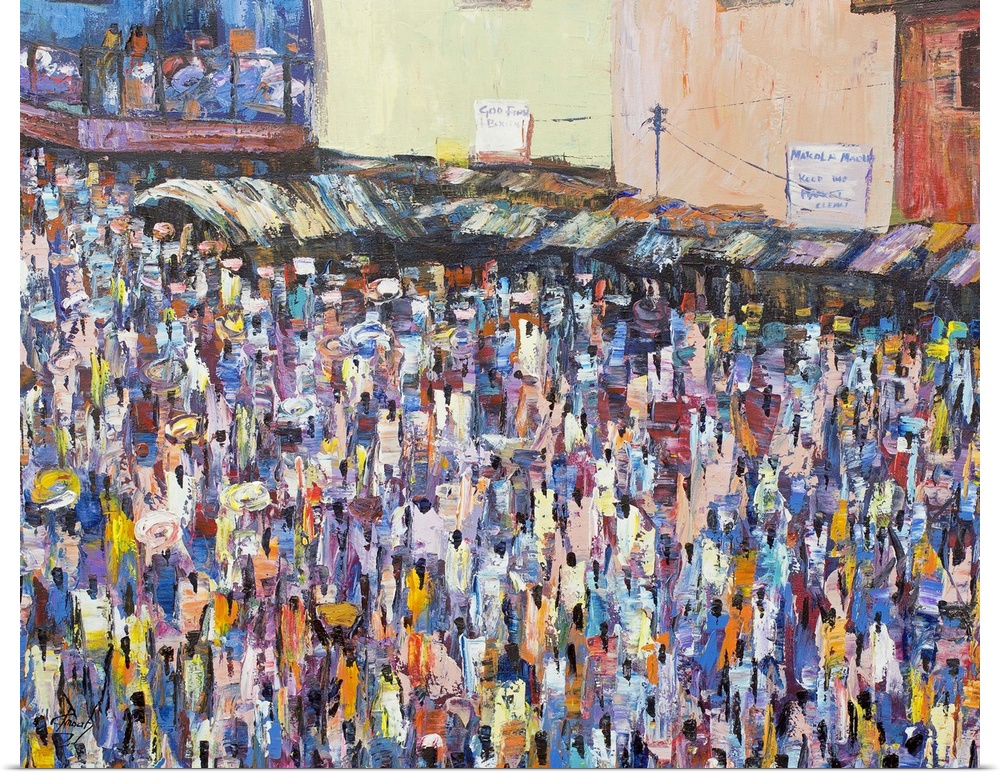 This exciting canvas by Francis Amoah recreates the lively sights and scenes of the Makola market in his unique style. Lit...