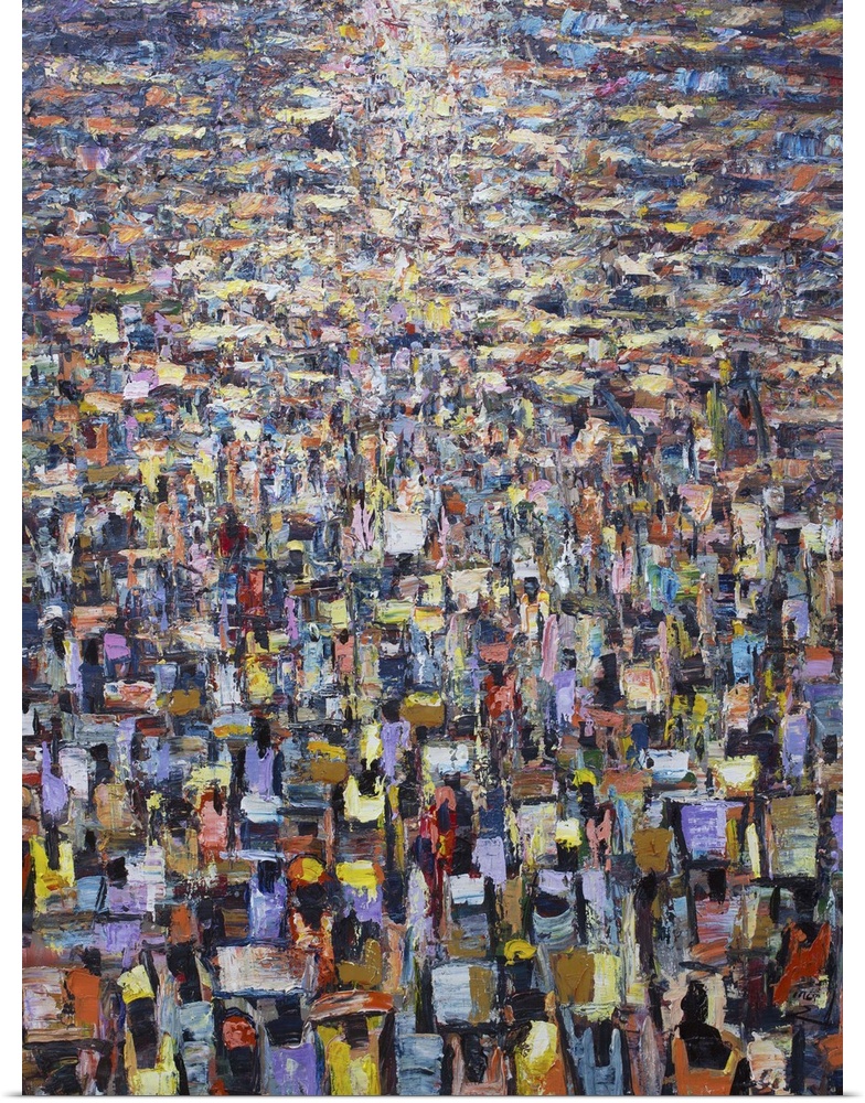 Francis Amoah depicts a city market in West Africa, as merchants and shoppers push in throngs down the lane. Golden light ...