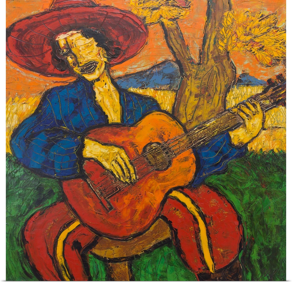 Seated beneath a shade tree, a man strums his guitar and lifts his voice in song. 'This is a man with his old guitar, one ...