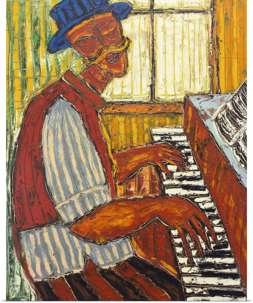 Seated at the keyboard, an elderly man plays the piano and lifts his voice in song. 'This is a man with his piano, one of ...