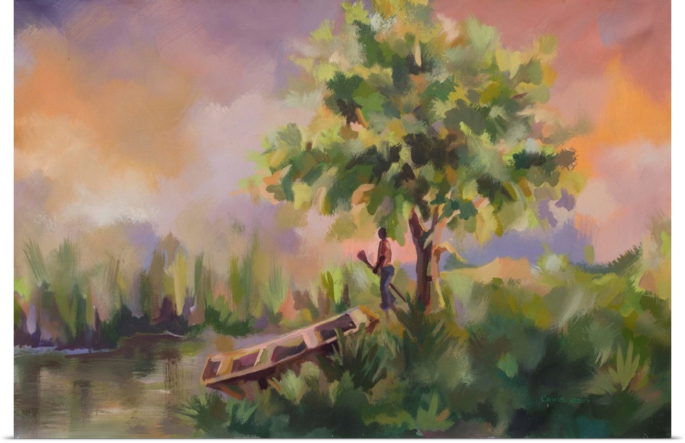 Standing under a tree with an oar in his hand, a man contemplates the serenity that reigns over the river bank. Painting w...