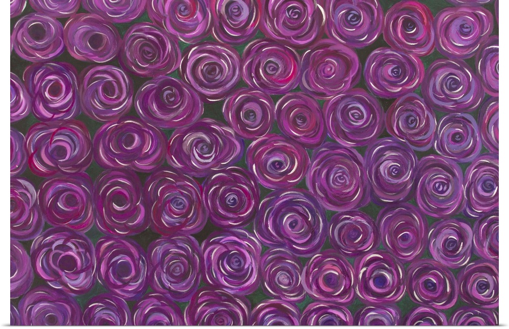 Purple roses multiply, their beauty repeating itself into infinity. Quiet Guitron works in encaustic with oils to create a...
