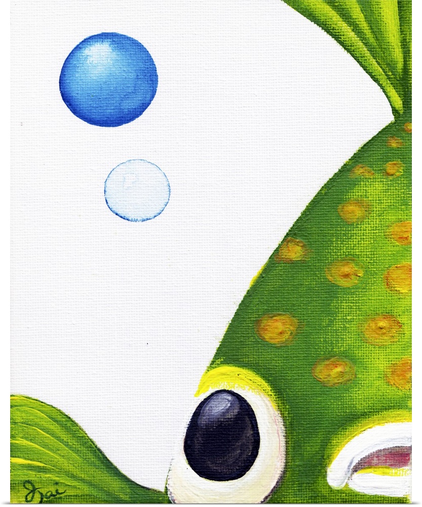 Contemporary painting of a green Betta fish with yellow dots up close and two bubbles beside it.