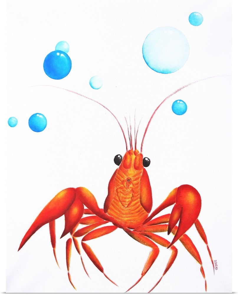 Contemporary painting of a brightly colored lobster and blue bubbles above.