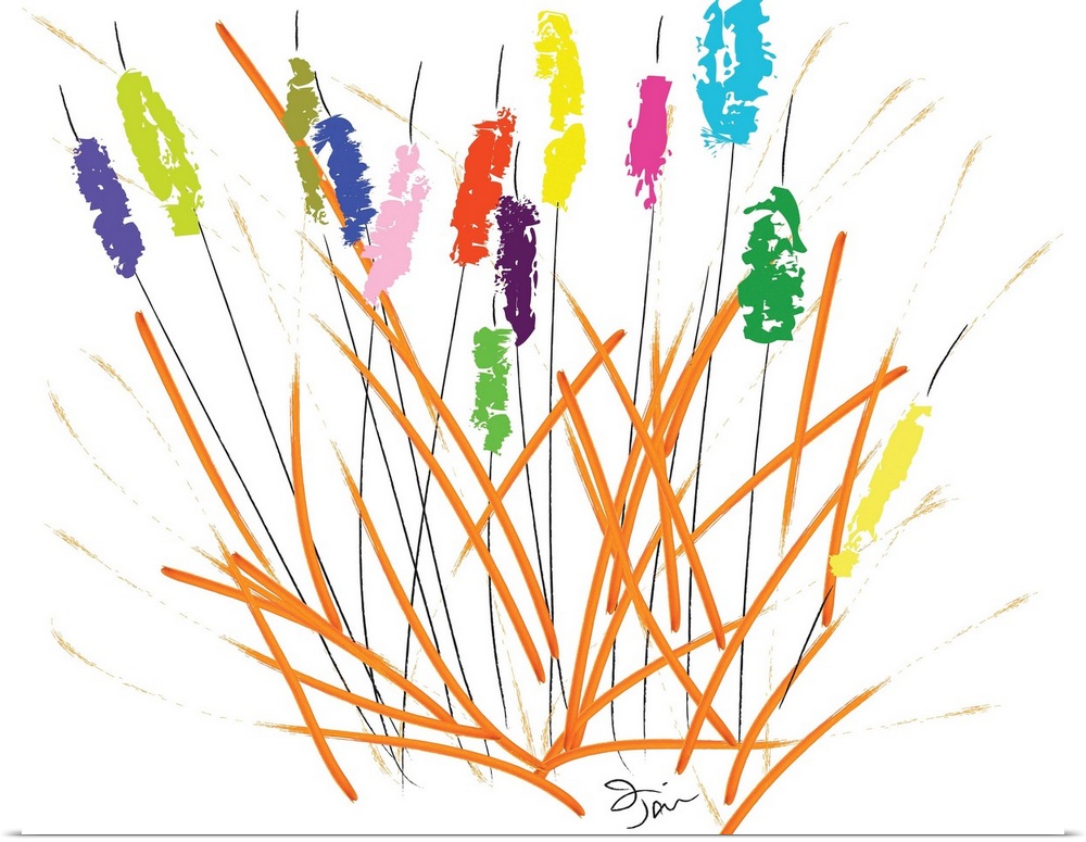 Vibrant digital art painting of colorful cattails on a white background with loose brushstrokes.