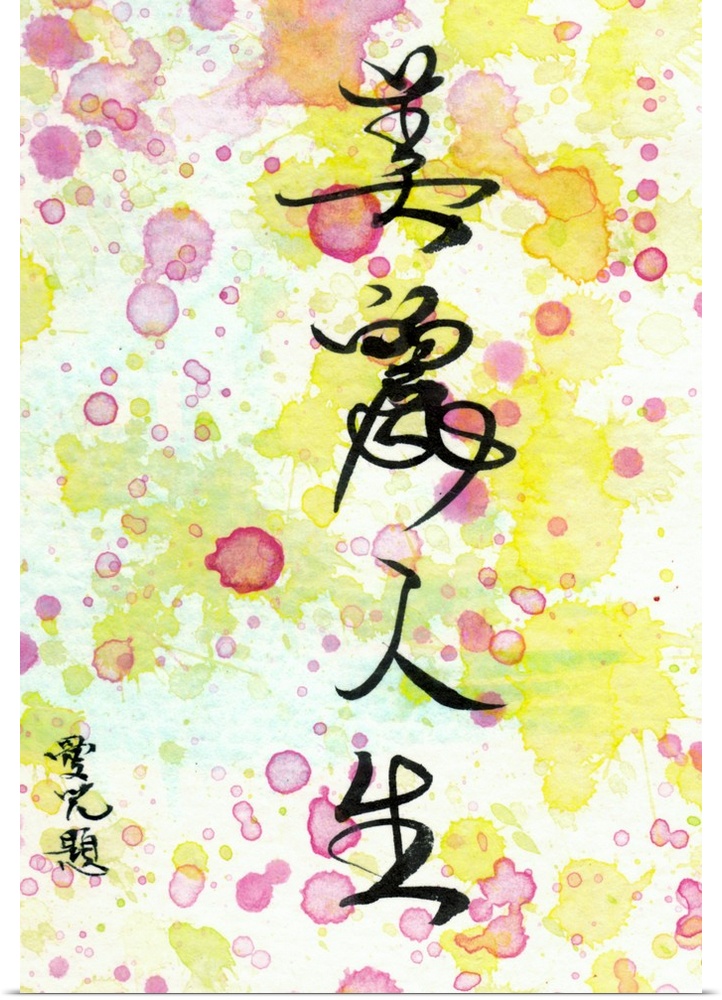 Trying to combine east and west... using western watercolor style with my Chinese brush calligraphy. The middle four chara...