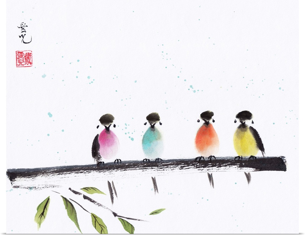 Chinese Ink and Watercolor painting of colorful birds perched on a branch.