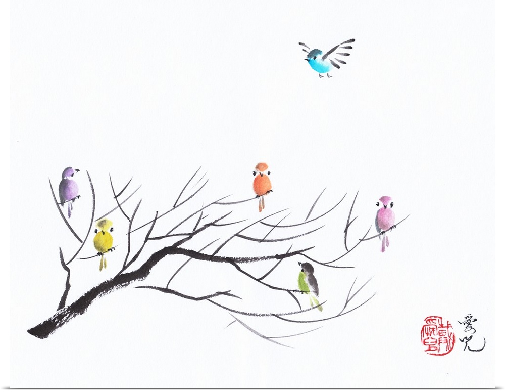 Colorful birds on bare tree branches created with Chinese ink and watercolor.